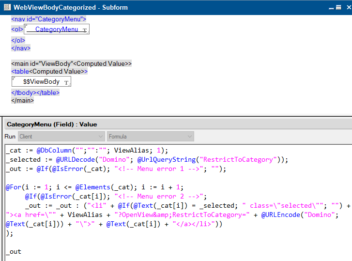 Screenshot fra Domino Designer, der viser opbygningen af en dynamisk menu, baseret på view kategorier